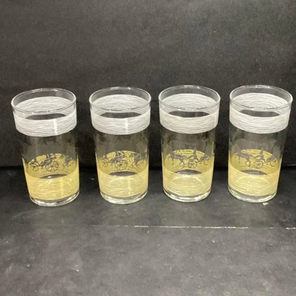 Libbey Mid Century Tumblers, Set of 4, Vintage Black Horse & Carriage‎ Design